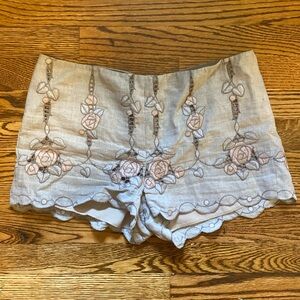 Anna Sui Tan Linen Shorts with Flower Embroidery | US 6